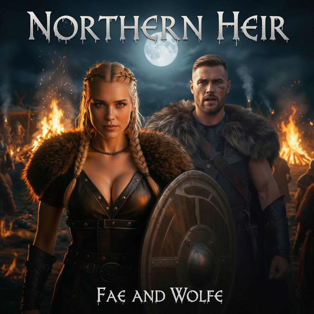 Blood of the North album cover: Fae and Wolfe standing in a burning night camp under a full moon