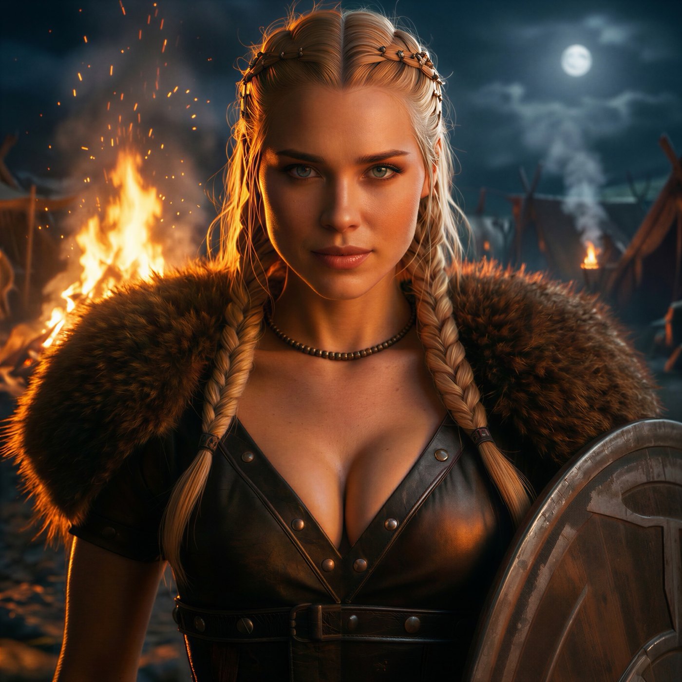 Fae in fur and leather armour holding a round wooden shield beside a bonfire